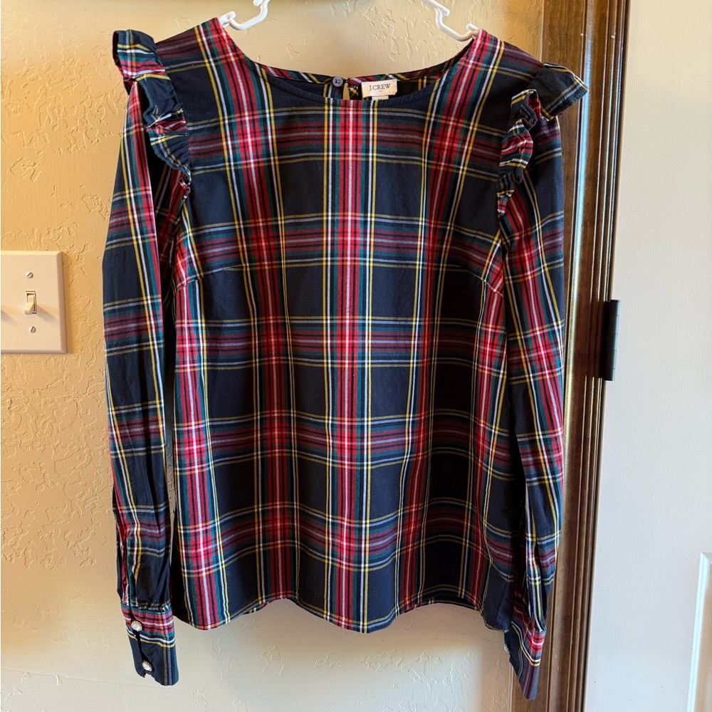 J. Crew Medium Plaid Shirt Black Multicolor Ruffle Shoulder Pearlescent Buttons